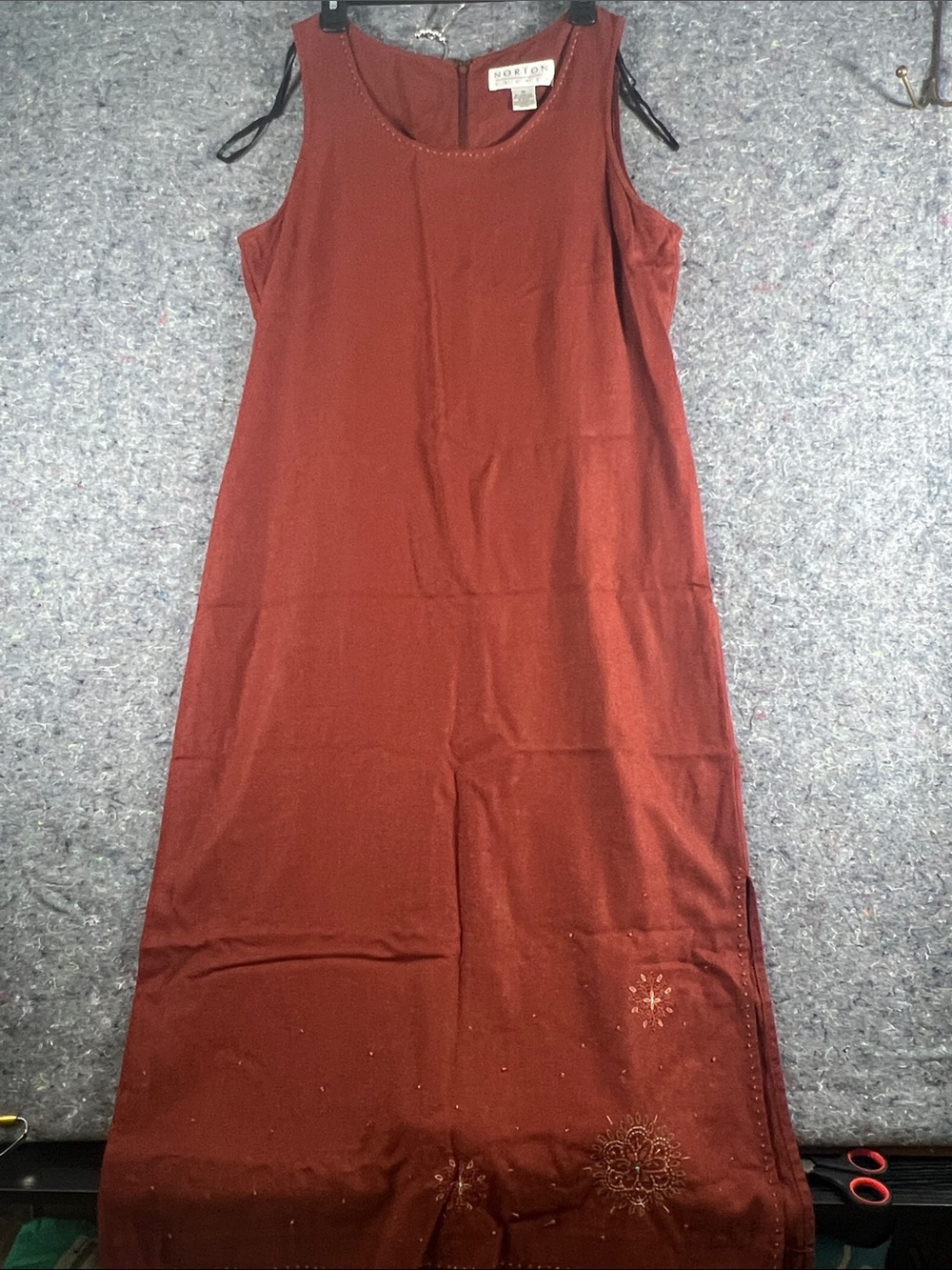 Norton Studio Sleeveless Long Dress in Rust Red with Embellished Hem